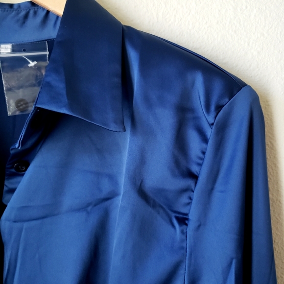Sapphire Blue Long Sleeve Button Down Satin Effect Mini Dress - Picture 10 of 16